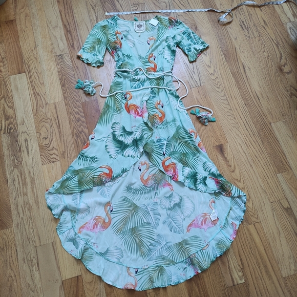 Z&L Europe Flamingo High Low Wrap Dress Women's XS ruffle palm tropical - Picture 2 of 13